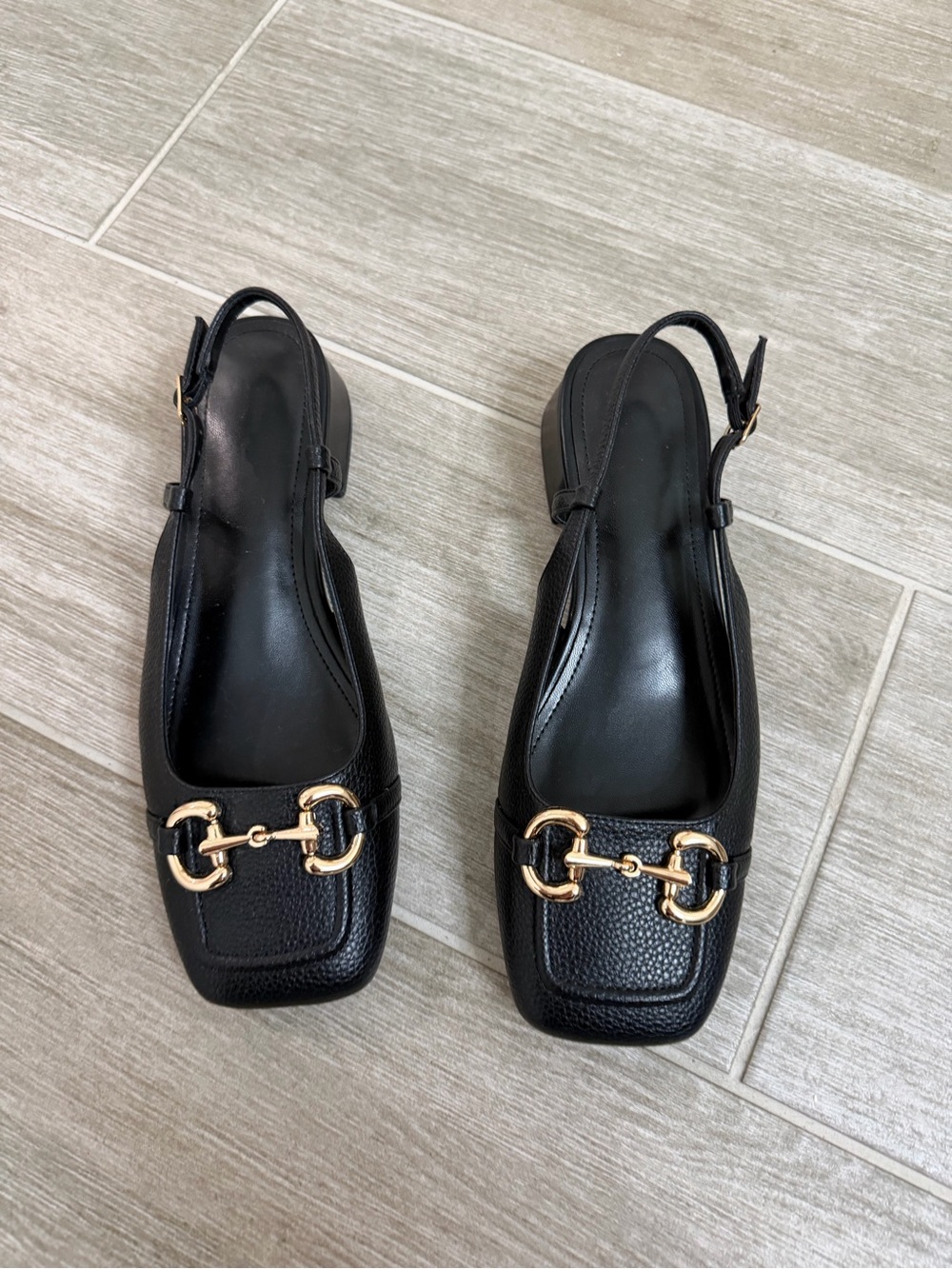 Black Leather Slingback Loafers with Gold Bit Accent